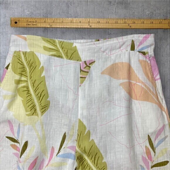 Cynthia Rowley Linen Pants Womens L Cream Tropical Print Wide Leg Crop Pull On - Picture 10 of 15